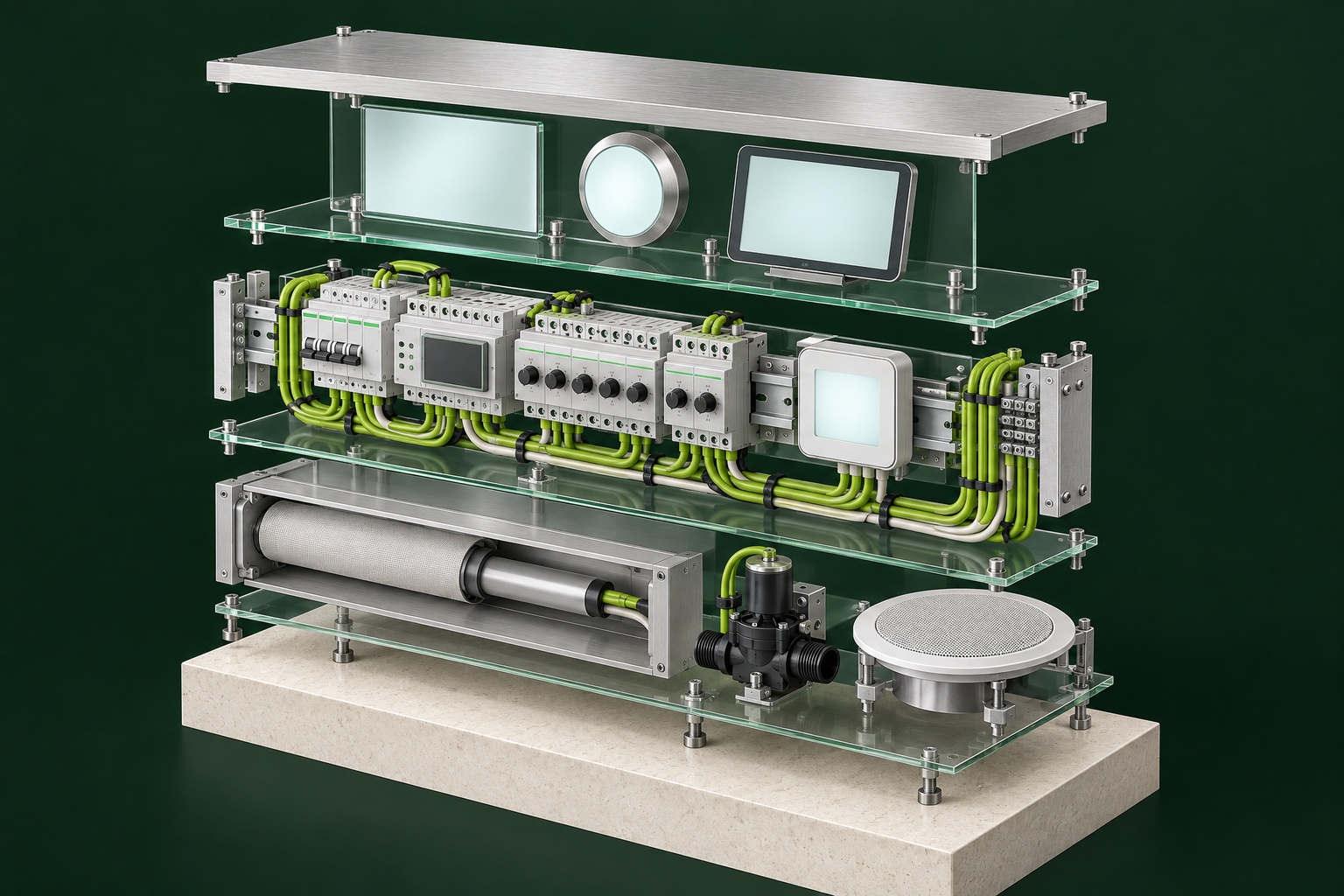 Exploded illustration of automation touch panels, control modules, a motorised blind, an irrigation valve and a ceiling speaker