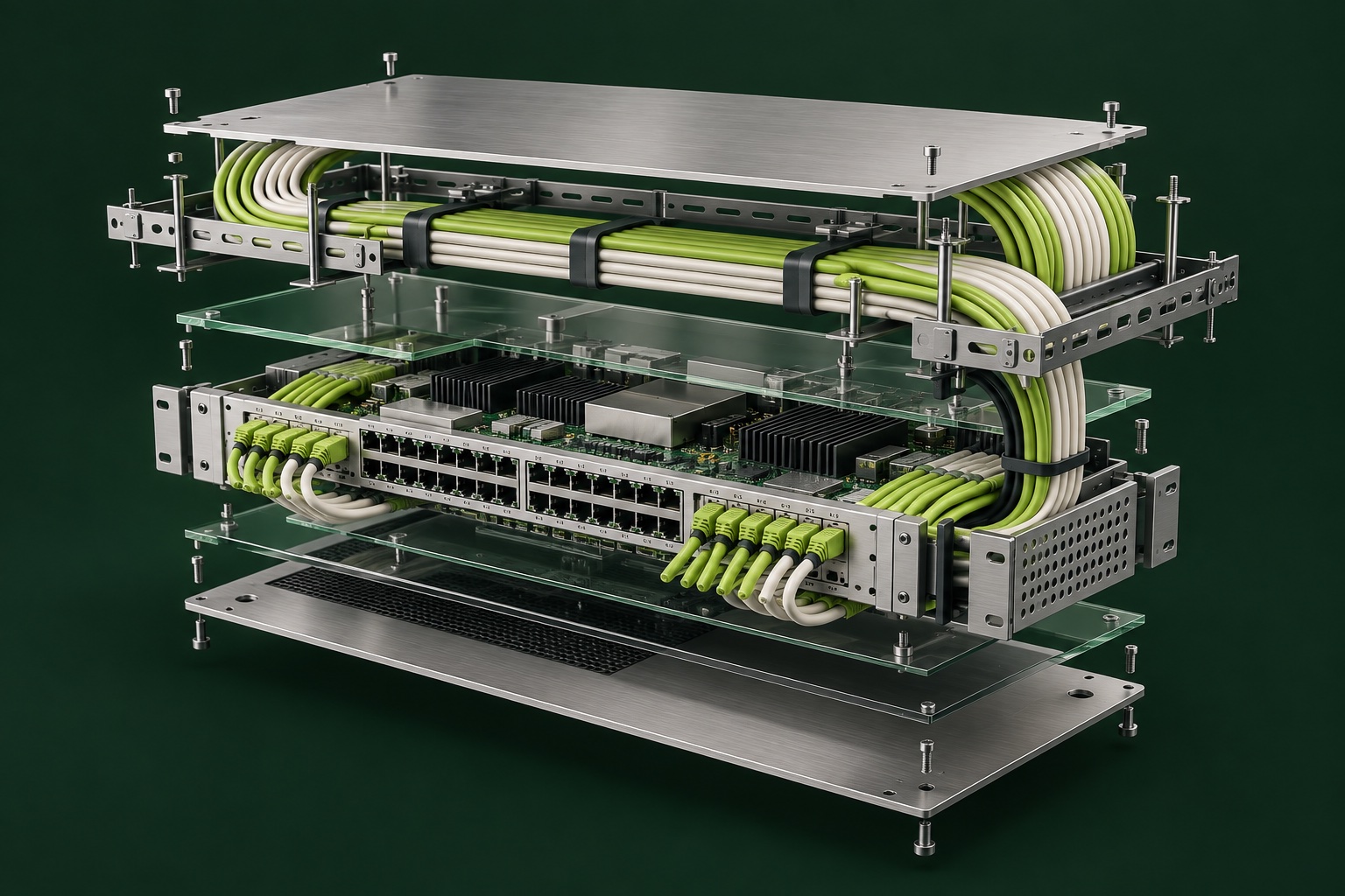 Exploded illustration of a network switch and organised data cables