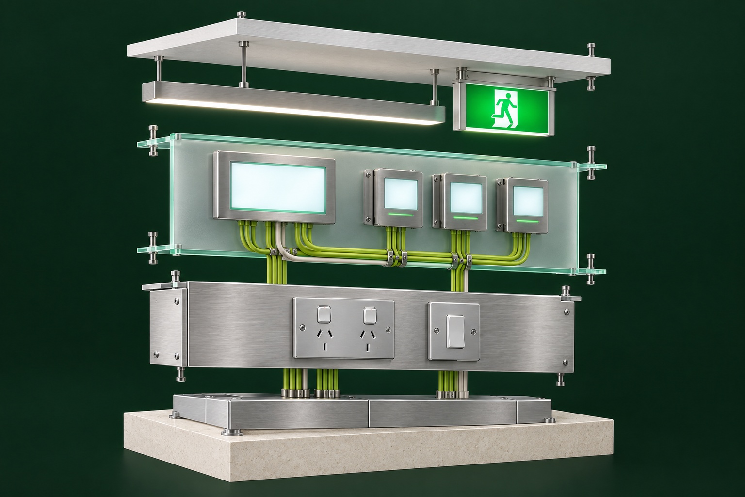 Exploded illustration of commercial lighting, an emergency exit sign, energy metering and an Australian power point