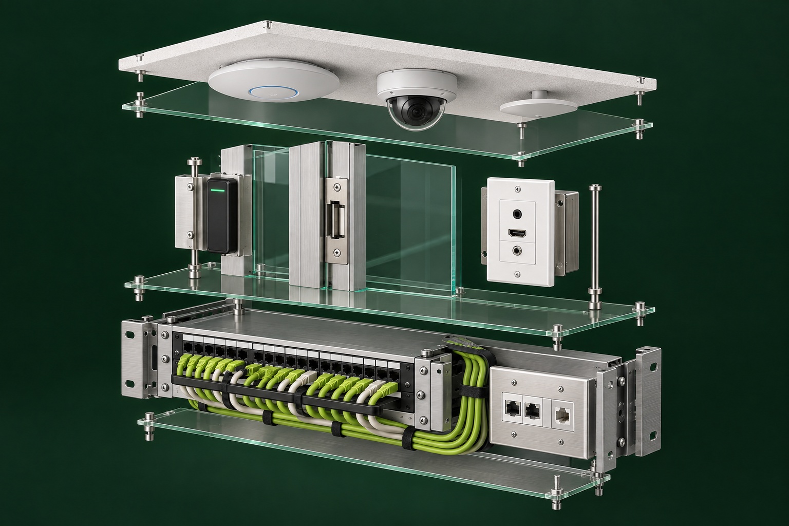 Exploded illustration of a wireless access point, security camera, access control reader and structured cabling rack