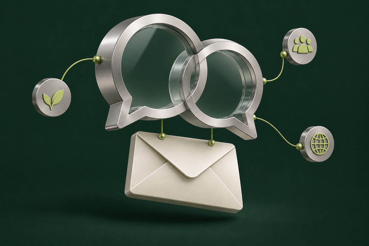 Illustration of connected metallic speech bubbles and an envelope