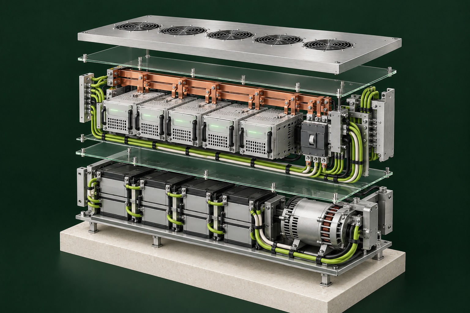 Exploded illustration of a modular UPS with power modules, an air circuit breaker, battery strings and a generator alternator