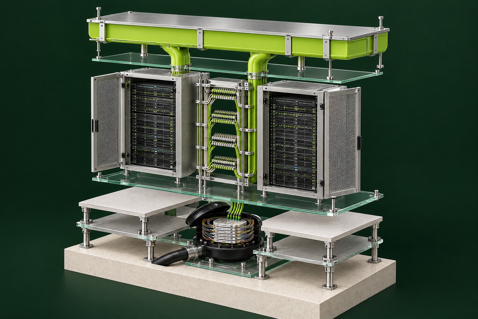 Exploded illustration of a data centre cabinet row with an overhead fibre raceway, cross-connect frame and underfloor fibre splice closure