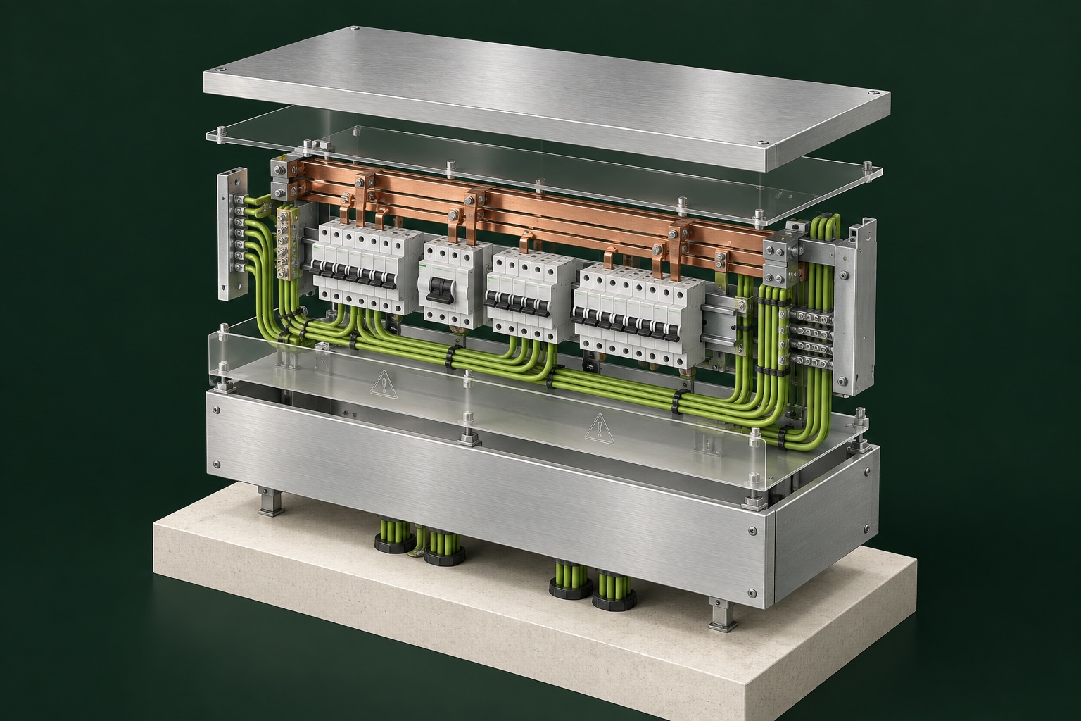 Exploded illustration of an electrical switchboard and precisely routed cables