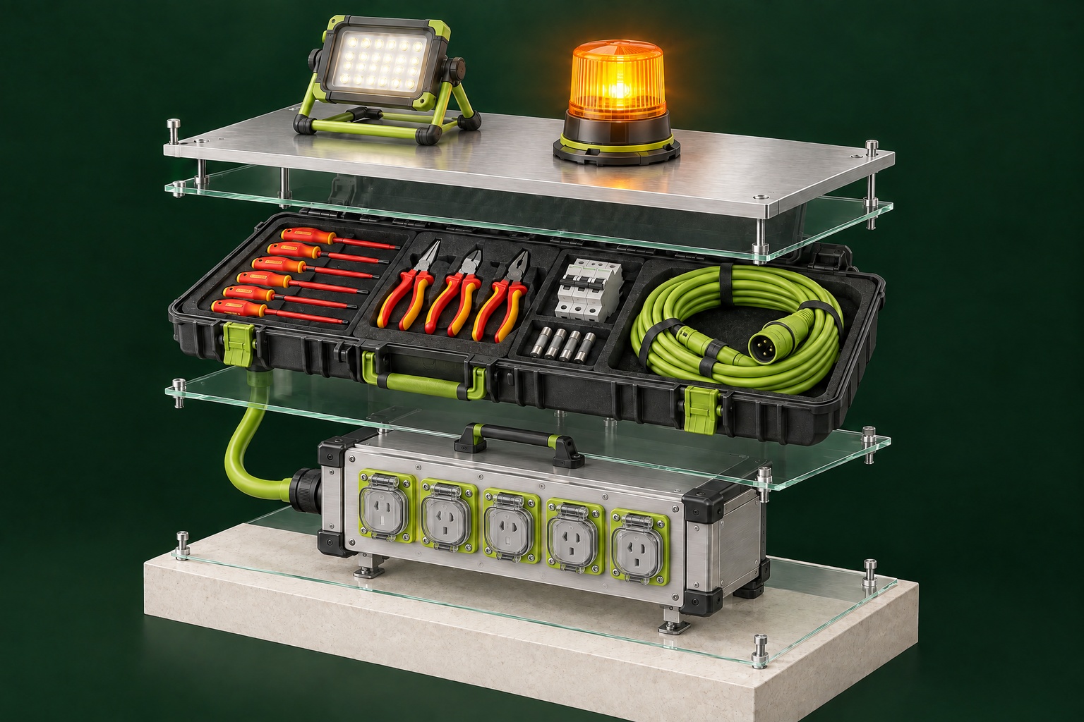 Exploded illustration of an emergency response kit with a work floodlight, warning beacon, tool case and portable power distribution box