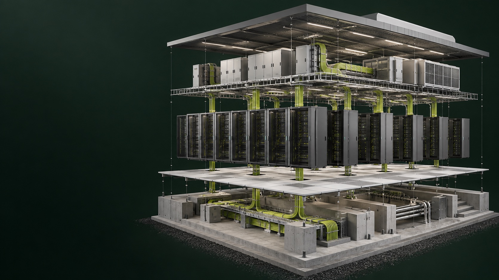 Exploded architectural illustration of a data facility, server racks and electrical systems
