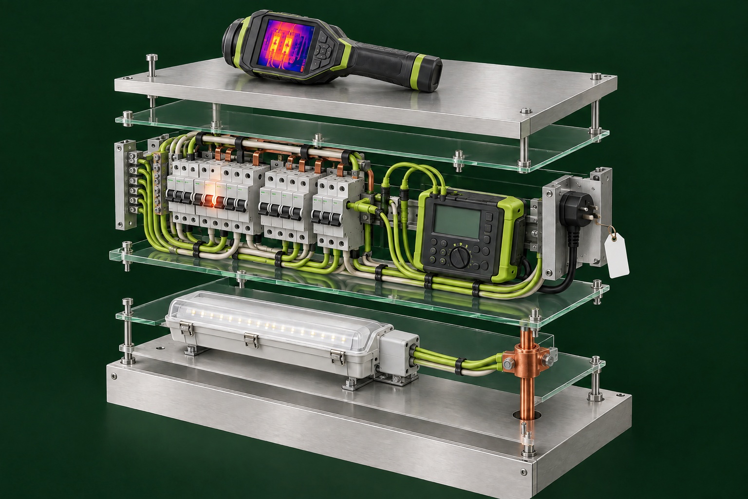 Exploded illustration of a thermal imaging camera, switchboard testing equipment, emergency lighting and a lightning protection earth