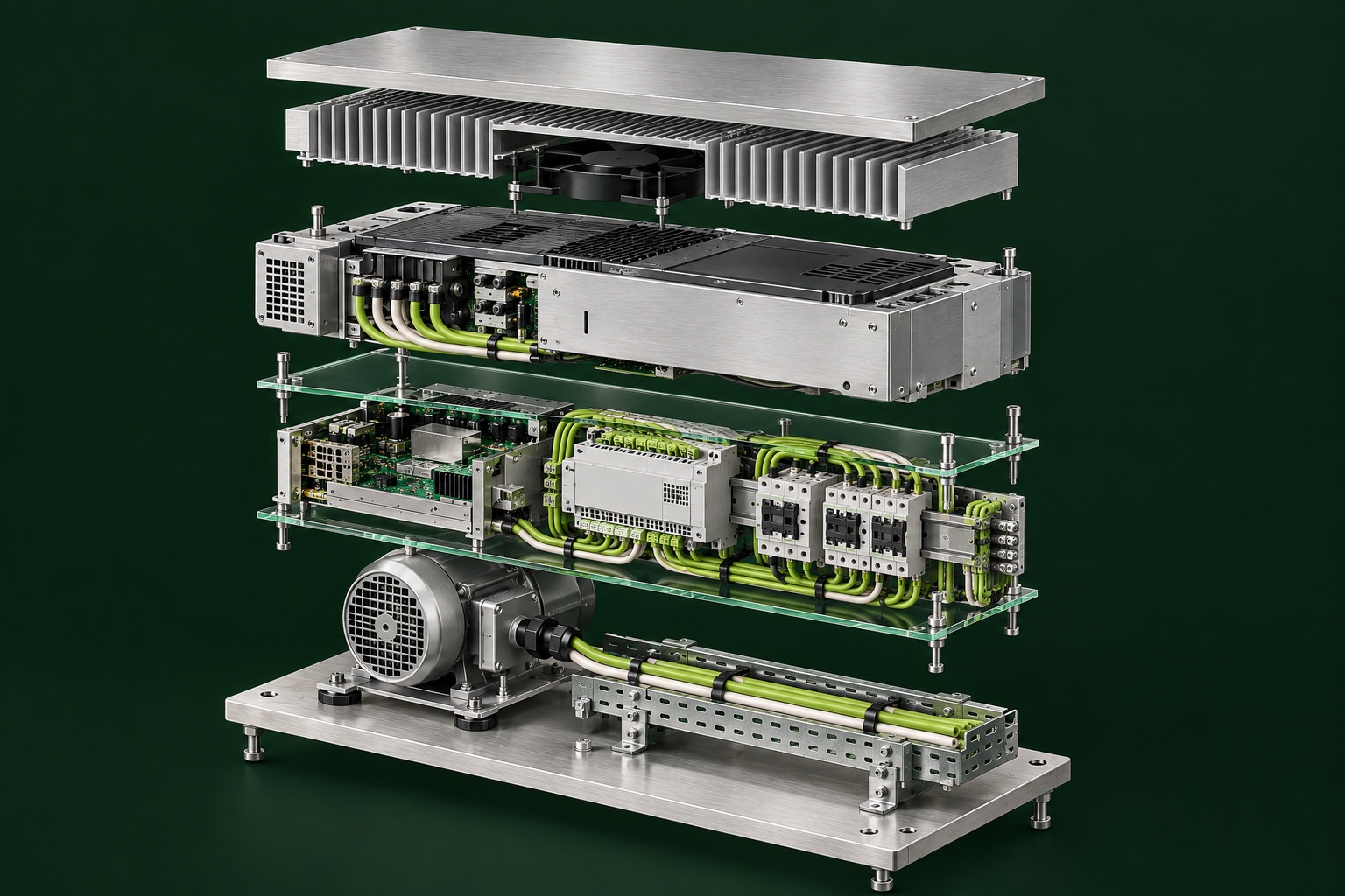 Exploded illustration of a variable speed drive, building management controls and a ventilation fan motor