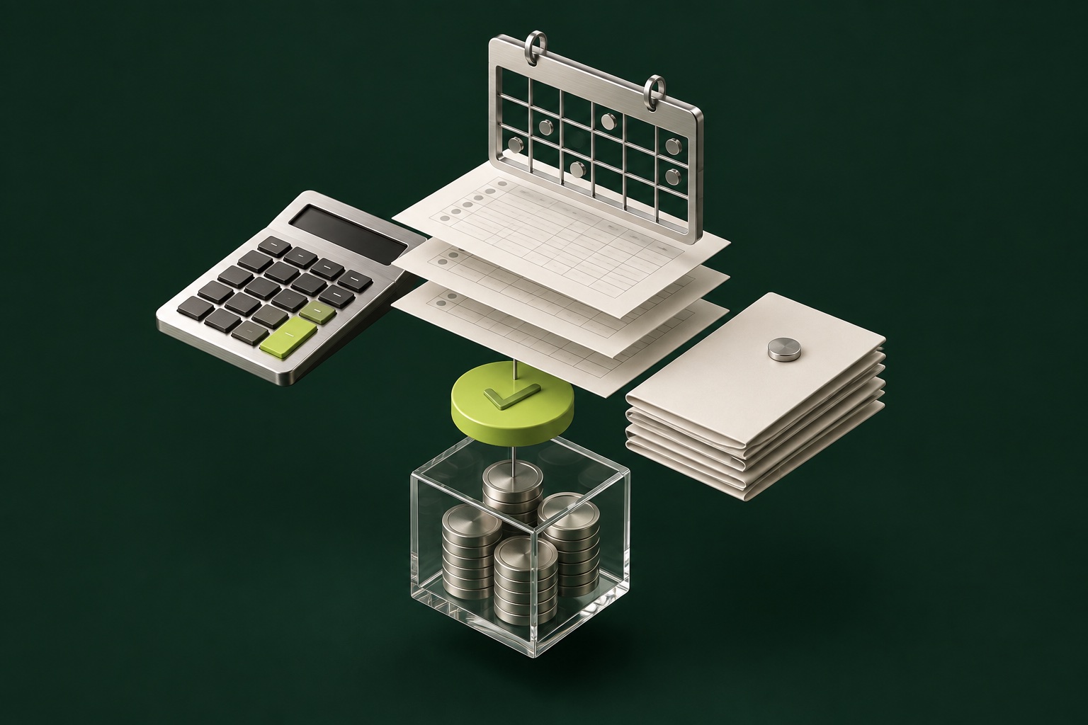 Illustration of floating timesheets, a calculator and payroll documents