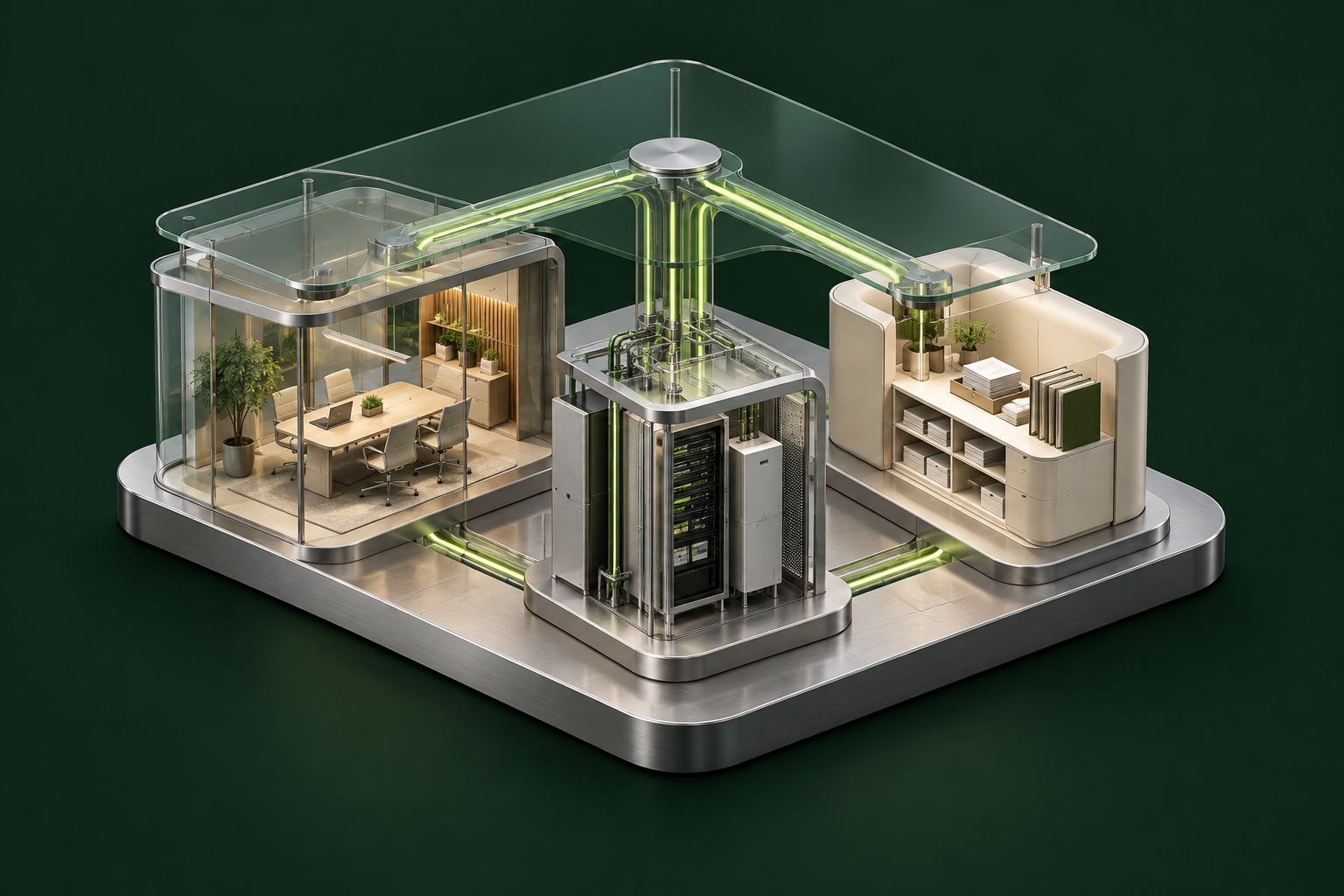 Illustration connecting a workplace, technical infrastructure and contractor administration