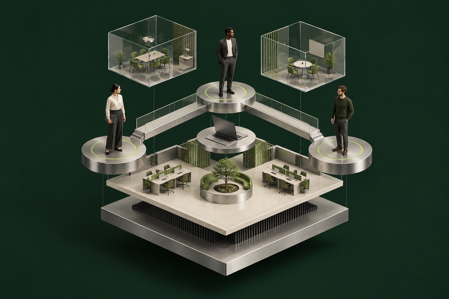 Illustration of connected professionals and floating workspaces