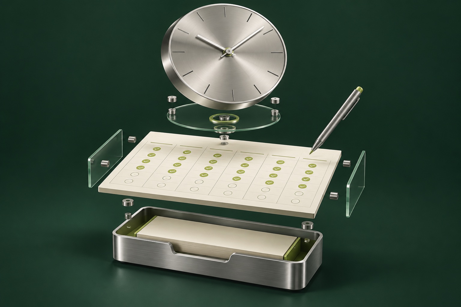 Illustration of a floating clock, weekly timesheet and document tray