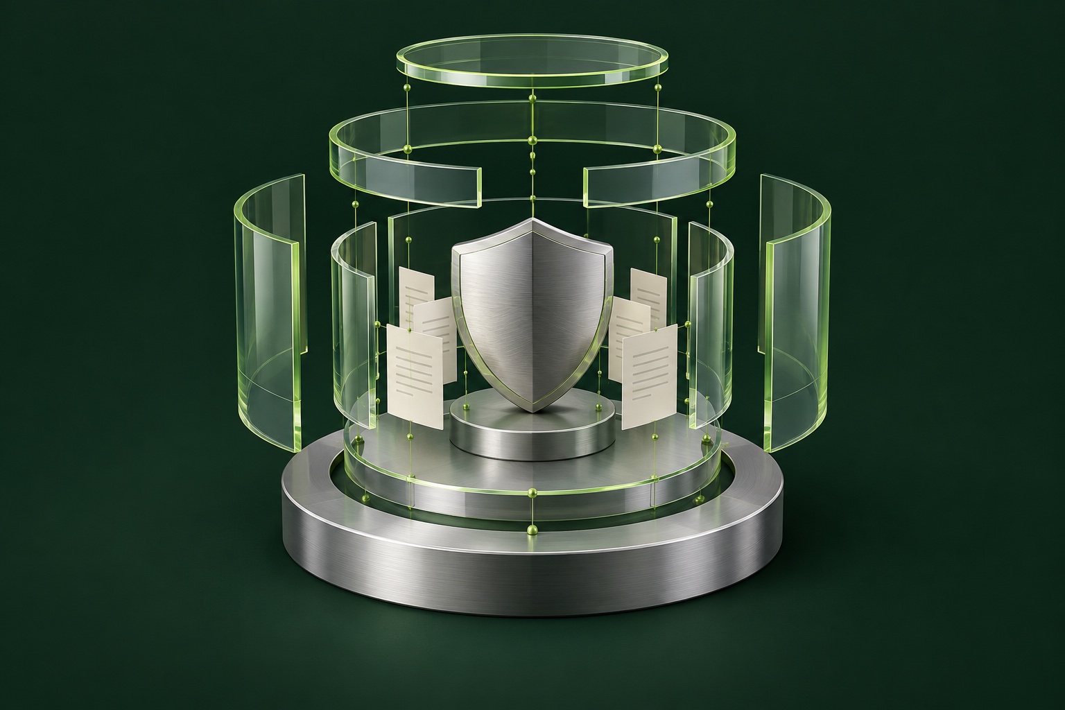 Illustration of a shield protecting documents within glass layers
